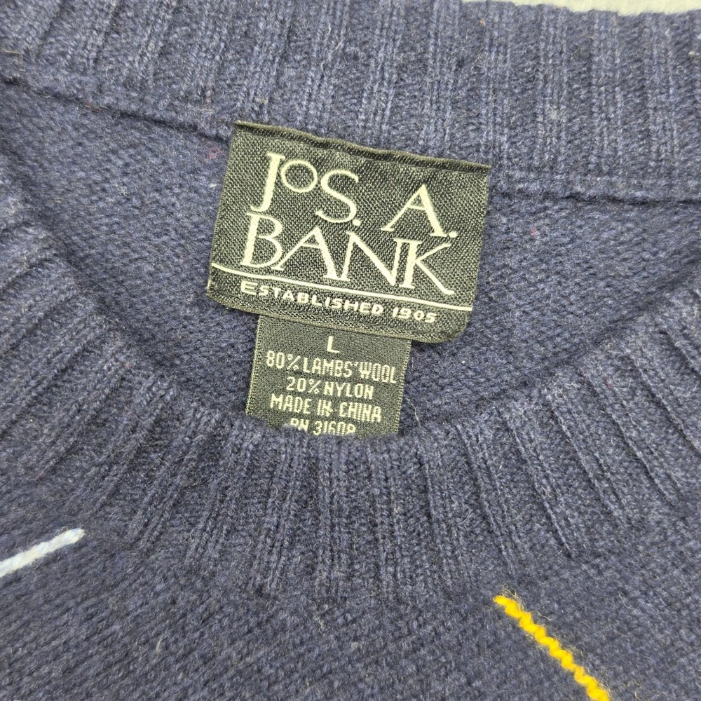Jos. A. Bank Mens Large Navy Blue Lambswool Blend Argyle Crew Neck Sweater